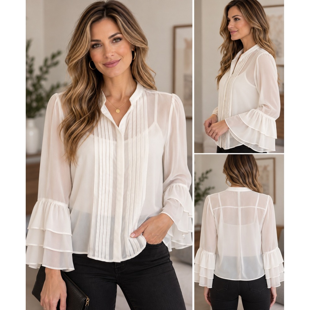 Attention Women's Small White Blouse Ruffle Bell Sleeve Pleated Front NWT